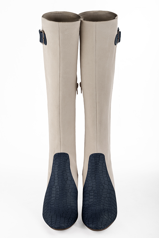 Navy blue and off white women's knee-high boots with buckles. Round toe. High block heels. Made to measure. Top view - Florence KOOIJMAN